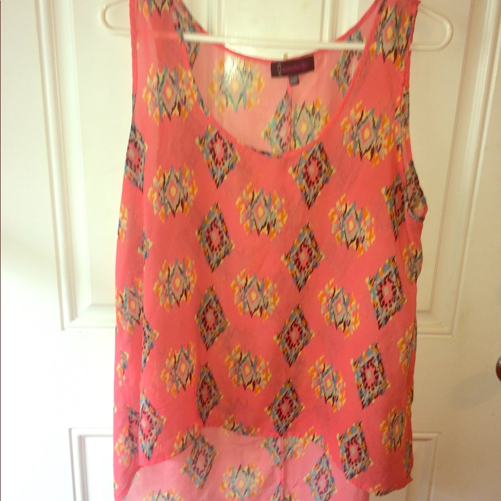 Ikat, multi-colored, sleeveless high-low top